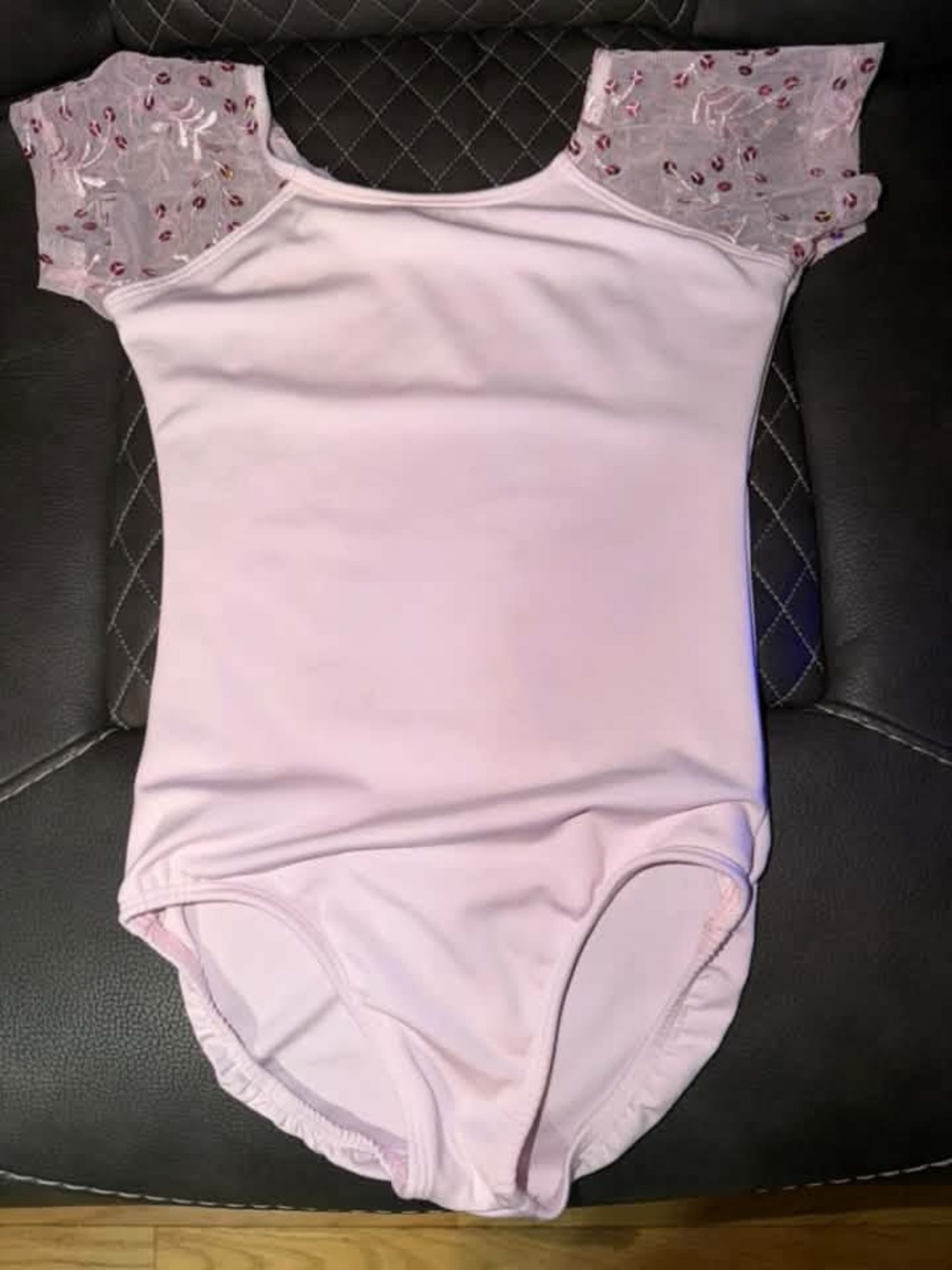 Girls' Light Pink Short Sleeve Dance Leotard with Embroidered Sheer Sleeves